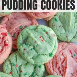 Pink and green cookies with Christmas sprinkles stacked on top of one another.