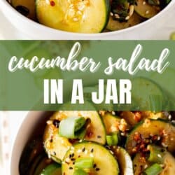 Sliced cucumbers in chili dressing sprinkled with sesame seeds and diced green onions in a white bowl.