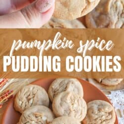 Caramel colored pumpkin spice cookies with white chocolate chips stacked on an orange plate.