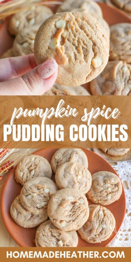Caramel colored pumpkin spice cookies with white chocolate chips stacked on an orange plate.