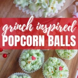 Green popcorn balls in white cupcake liners topped with a red candy heart.