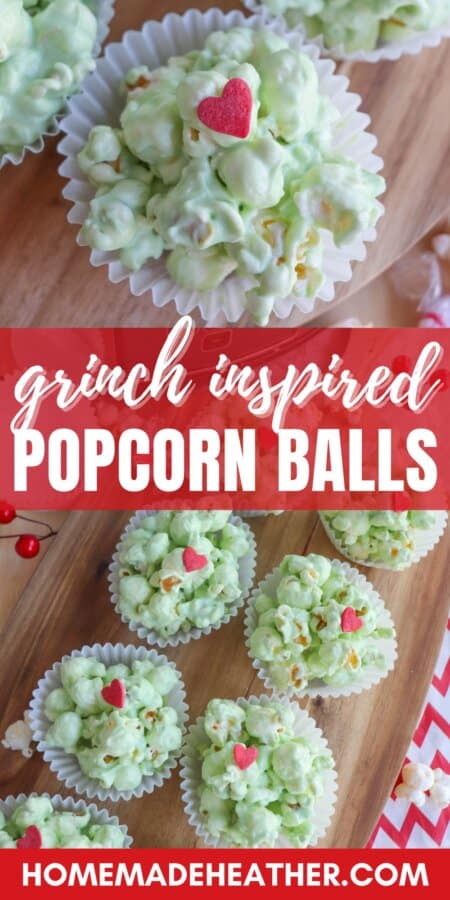 Green popcorn balls in white cupcake liners topped with a red candy heart.