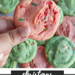 Pink and green cookies with Christmas sprinkles stacked on one another.