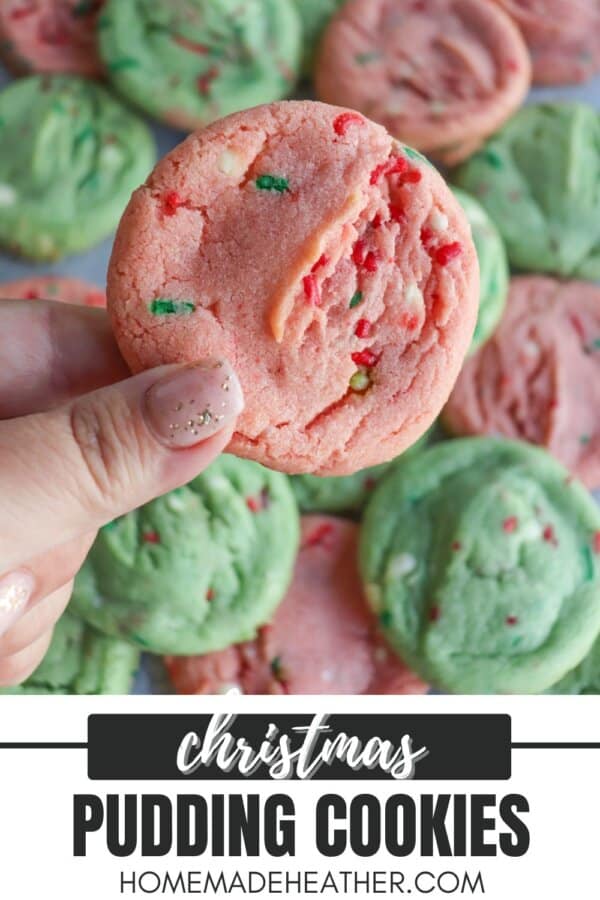 Pink and green cookies with Christmas sprinkles stacked on one another.