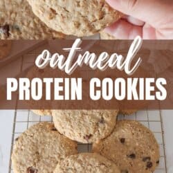 Large oatmeal chocolate chip cookies stacked on one another.