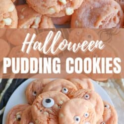 Orange pudding cookies with candy eyes stacked on top of each other.