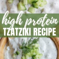 Creamy white tzatziki sauce with diced cucumber and dill garnish.