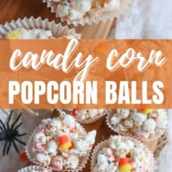 Popcorn balls with Halloween sprinkles and candy corn in cupcake liners on a wooden cutting board.