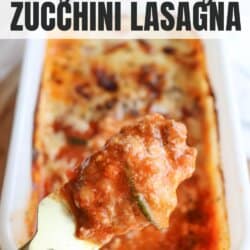 A fork lifts a piece of single serving zucchini lasagna above a baking dish, showcasing layers of zucchini, cheese, and sauce. The image text reads Single Serving Zucchini Lasagna and homemadeheather.com.