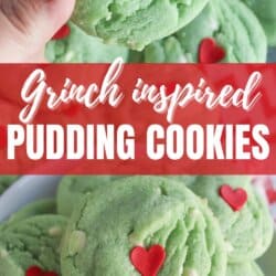 Green pudding cookies with a red candy heart stacked on top of each other.