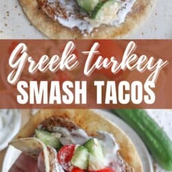 Tortilla with cooked ground turkey, diced cucumber, tomato and tzatziki sauce held in a hand.