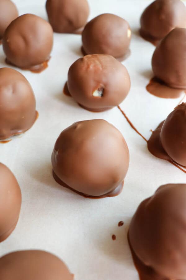 Cottage cheese protein cookie dough balls covered in chocolate on a piece of parchment paper.