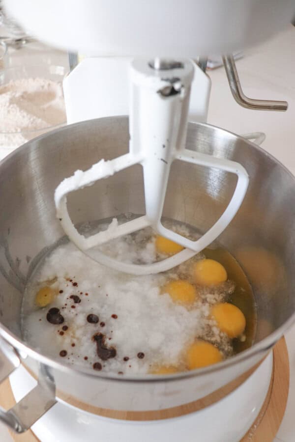 Wet ingredients for protein cookies in a stand mixer.