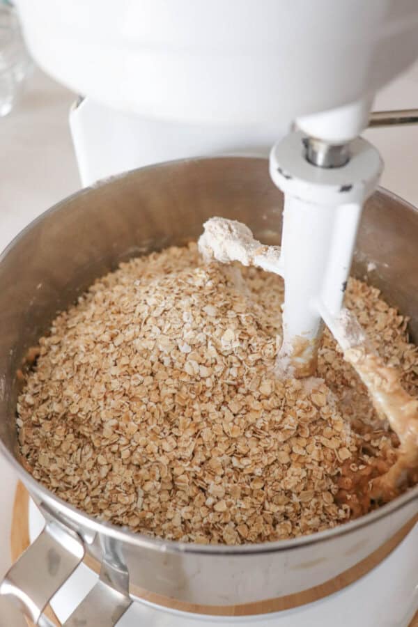 Dry ingredients for protein cookies in a stand mixer.