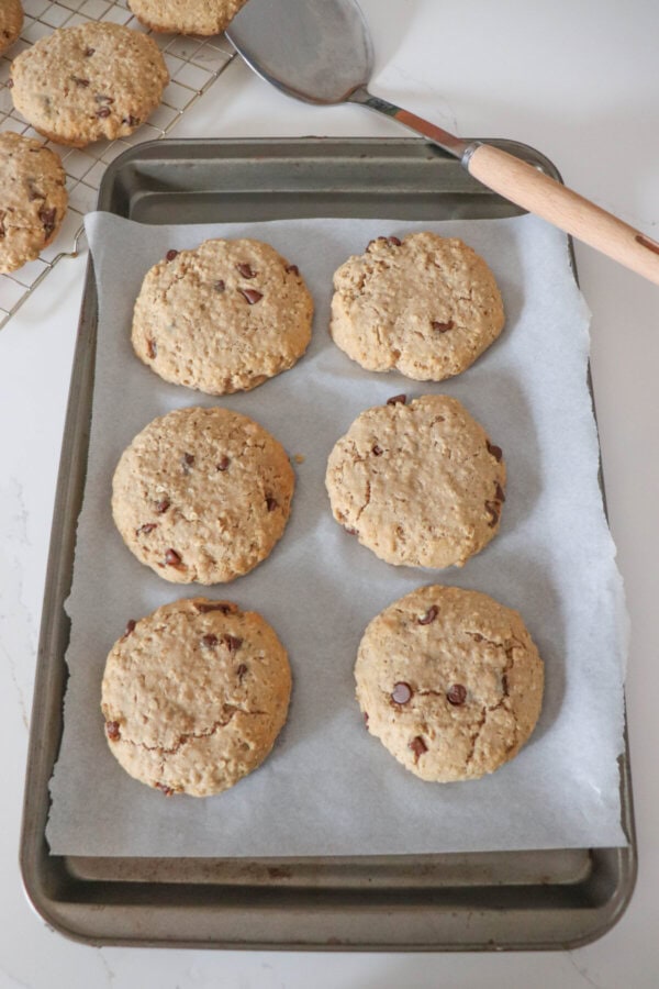 Large oatmeal chocolate chip cookies baked on a parchment paper lined baking sheet.