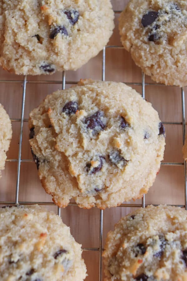 Cottage cheese chocolate chip cookies on a wire rack.