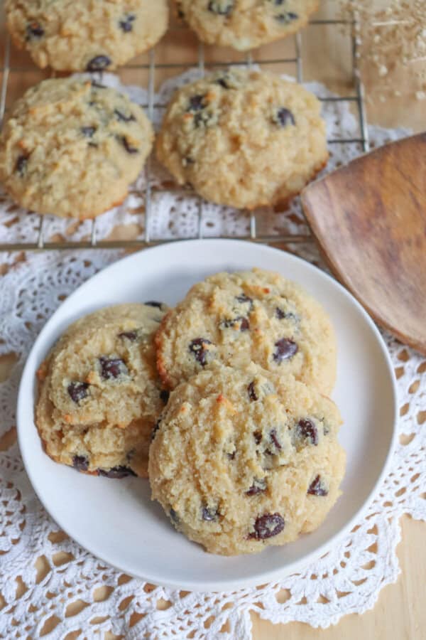 Cottage cheese chocolate chip cookies on a white plate.