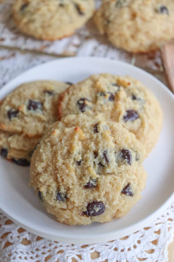 Cottage cheese chocolate chip cookies on a white plate.