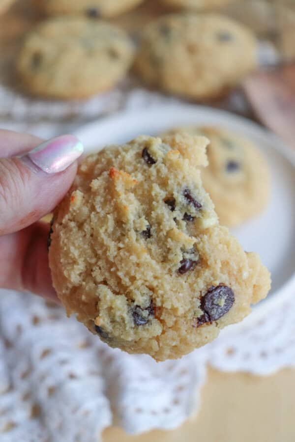 Cottage cheese chocolate chip cookie held in a hand.