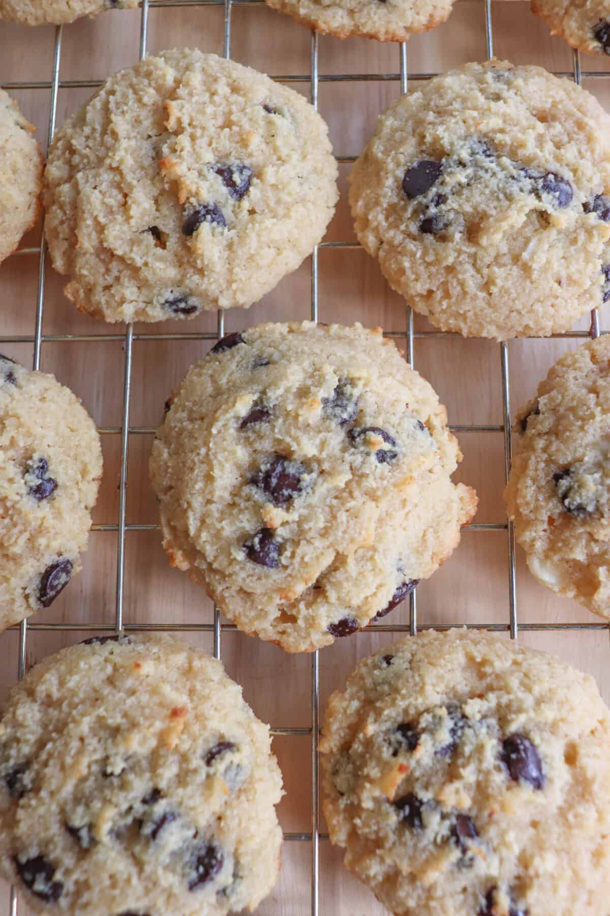 Cottage cheese chocolate chip cookies on a wire rack.