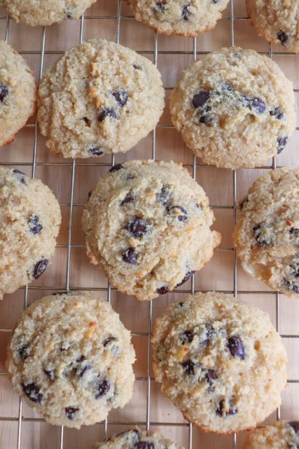 Cottage cheese chocolate chip cookies on a wire rack.