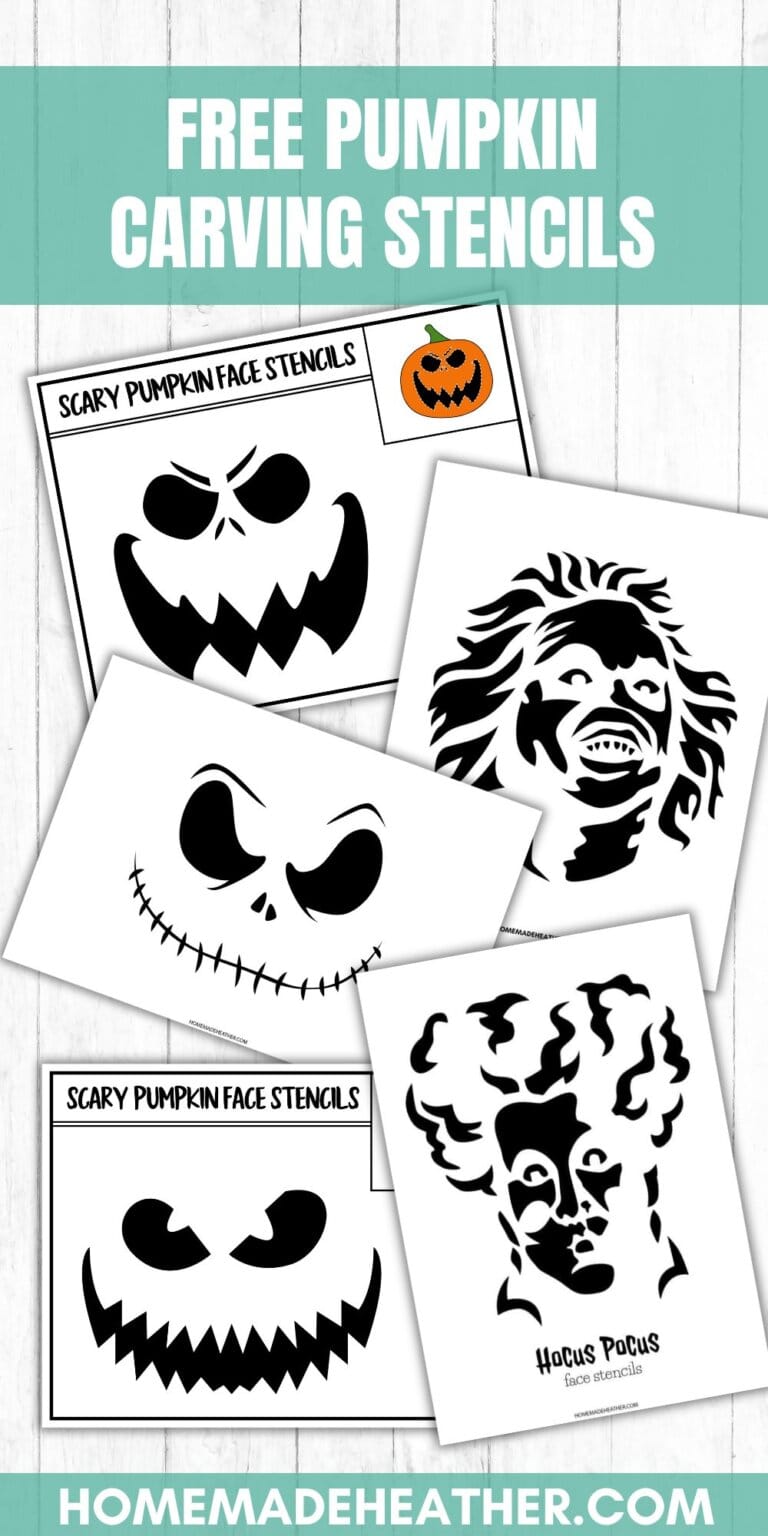 Black and white pumpkin carving stencils with text overlay.