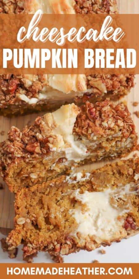 Pumpkin bread, filled with cream cheese with a strussel topping, cut into slices on a wooden board.