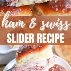 Three Ham & Swiss Sliders stacked on a a white plate.