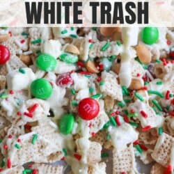 Chex mix cereal covered in white chocolate, festive sprinkles and red & green m&ms.