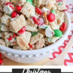 Chex mix cereal covered in white chocolate, festive sprinkles and red & green m&ms.