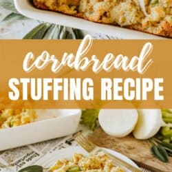 Cornbread stuffing with bread cubes, diced celery and onion bits on a white plate with a gold fork.