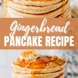 Fluffy gingerbread pancakes stacked on top of each other with a pat of butter on top and syrup dripping over the edges.