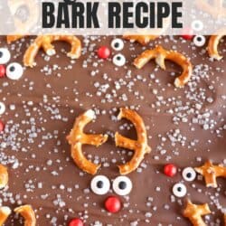 Chocolate with reindeer faces made from pretzels, candy eyes and red m&ms.
