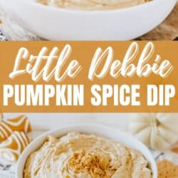 Creamy pumpkin spice dip in a white bowl topped with Little Debbie pumpkin rolls on a newspaper lined table.
