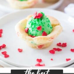 Sugar cookie cup with green pudding center topped with red candy hearts.
