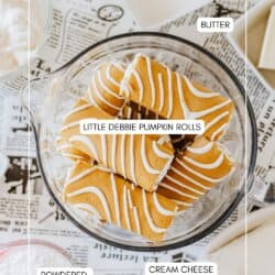 Ingredients for pumpkin spice dessert dip in bowls on a newspaper lined table.