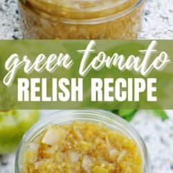 Green tomato relish in a clear glass jar.