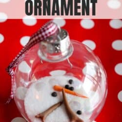 Clear glass ball ornament with salt and snowman parts in it on a red background.