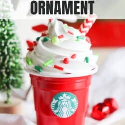 DIY Starbucks Latte Ornament with mini red solo cups adorned with white frosting, colorful sprinkles and a red striped straw.