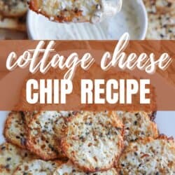 Hand holding a crispy round chip with a creamy topping above a plate full of similar chips. Text reads Cottage Cheese Chip Recipe and the website homemadeheather.com is displayed at the bottom.