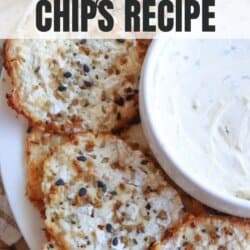 A plate of cottage cheese chips seasoned with spices and served alongside a bowl of creamy dip. The image features text reading cottage cheese chips recipe at the top.