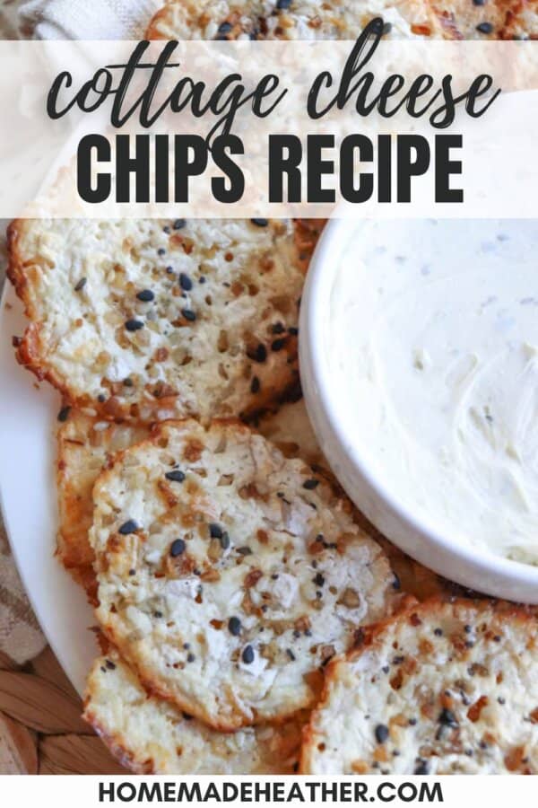 A plate of cottage cheese chips seasoned with spices and served alongside a bowl of creamy dip. The image features text reading cottage cheese chips recipe at the top.