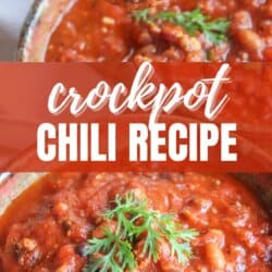 A bowl of crockpot chili, with a spoonful being lifted. The chili is a thick, hearty mix of beans, tomatoes, and meat, garnished with a sprig of parsley. Text overlay reads Crockpot Chili Recipe.