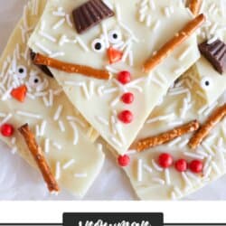 White chocolate covered in a pretzel and candy shaped snowman.