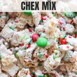 Chex mix and cheerio cereal topped with white chocolate, festive sprinkles and red and green m&ms.
