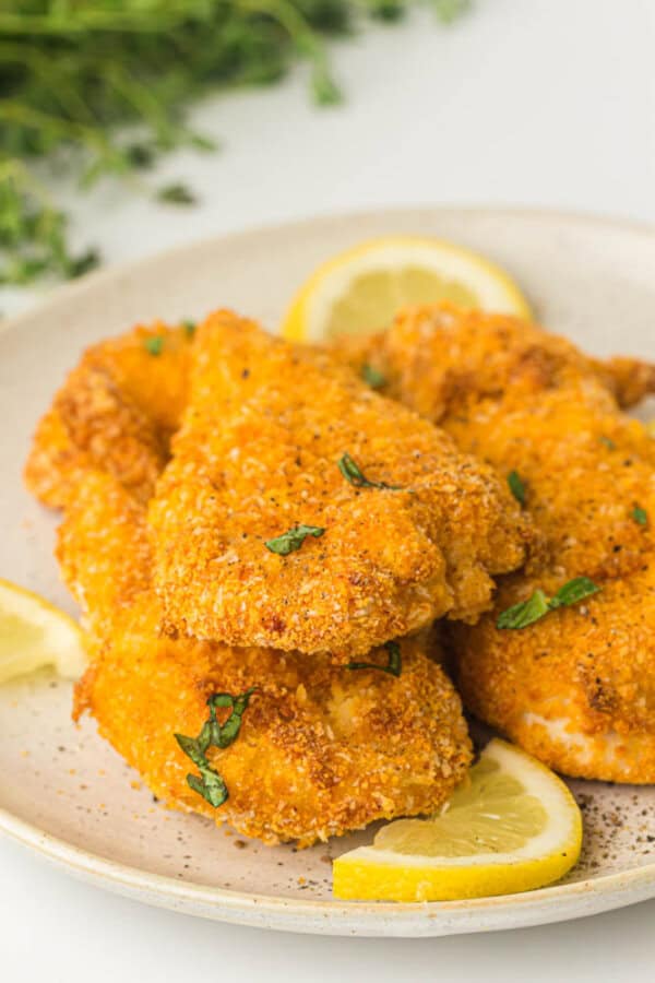 Breaded chicken strips on a white plate.
