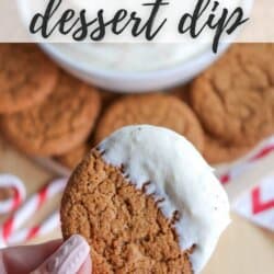 A hand holding a cookie half-covered in white eggnog dessert dip. Below, a plate with more cookies is visible, along with candy canes. Text at the top reads Eggnog dessert dip, and homemadeheather.com is at the bottom.