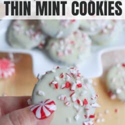 A hand holding a white chocolate thin mint cookie topped with crushed peppermint candy, showcasing the perfect thin mint cookie recipe. More cookies are displayed on a plate in the background. The text reads white chocolate thin mint cookies and homemadeheather.com.