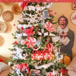 Festive Christmas tree decorated with candy canes, red and white ornaments, and a sign that reads Santa, I KNOW HIM! A cardboard cutout of an excited man stands beside the tree.