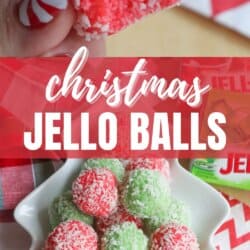 Close-up of red and green Christmas Jello balls covered in shredded coconut on a white plate. A hand holds a partially eaten red Jello ball above, reminiscent of the joy found in a thin mint cookie recipe. A red and white zigzag-patterned napkin is in the background. Text reads Christmas Jello Balls.